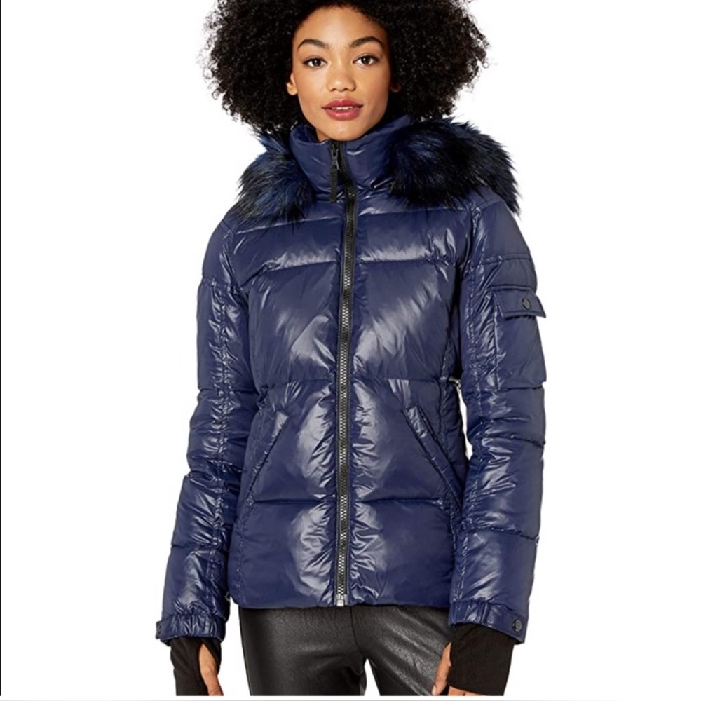 S13 New York Navy Down Puffer Jacket Faux Fur Hood Trim Size M